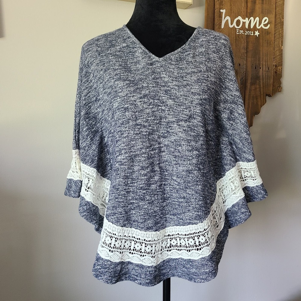 Altar'd State Poncho Navy White‎ Crochet Trim V Neck Pullover Boho Womens XS